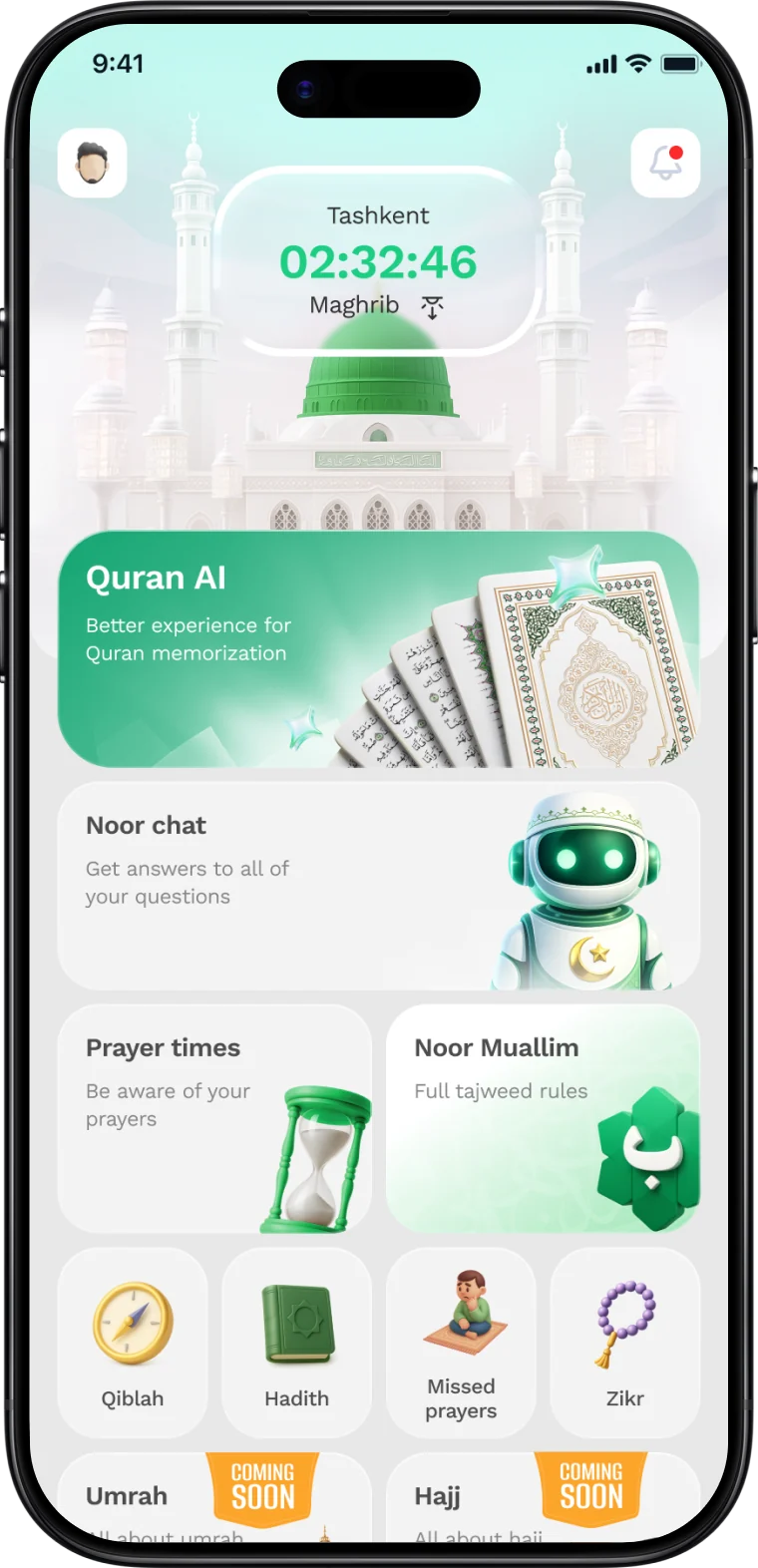 Noor app home screen with prayer times, Quran AI and Noor chat